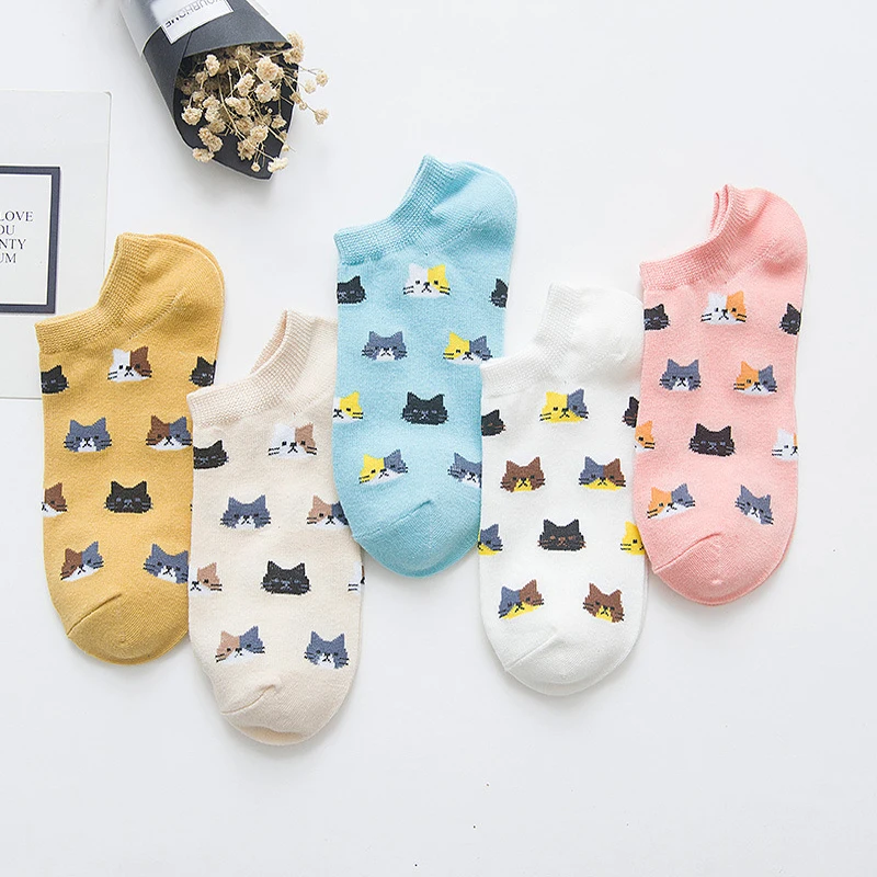 5 пара/лот, новые милые осенние носки с героями мультфильмов, новое животное, мультяшная кошка, милые хлопковые носки для женщин, 5 цветов