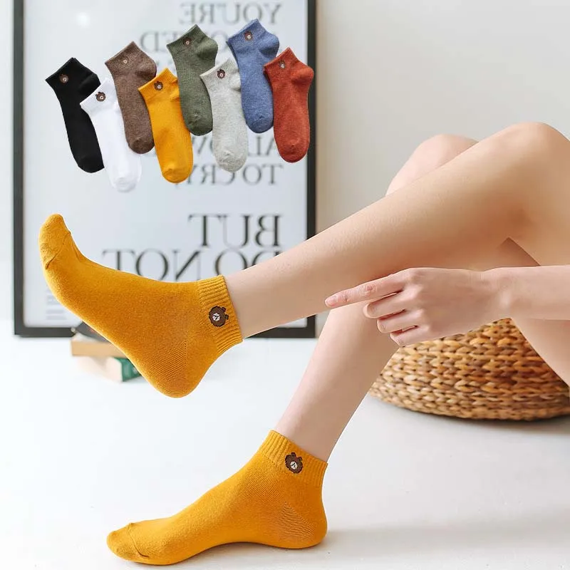 Новые короткие женские носки без пятки с изображением медведя на весну и лето однотонные Японские Женские носки-башмачки дышащие низкие хлопковые носки
