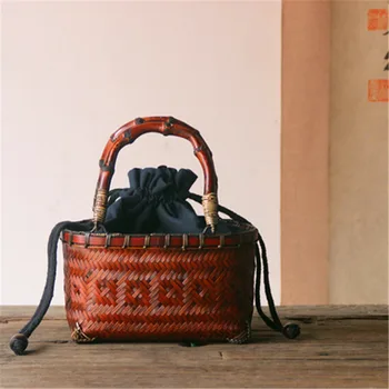 

Dropshipping 2018 Women Holiday travel Handbag female woven retro mini handbags rattan bamboo bag woven basket