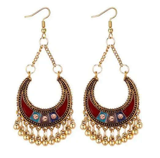 

Bohemian Indian Antique Gold Amazing Earring Moon Shape Carved Flower Tassels Fashion Long Earrings For Women 2E106