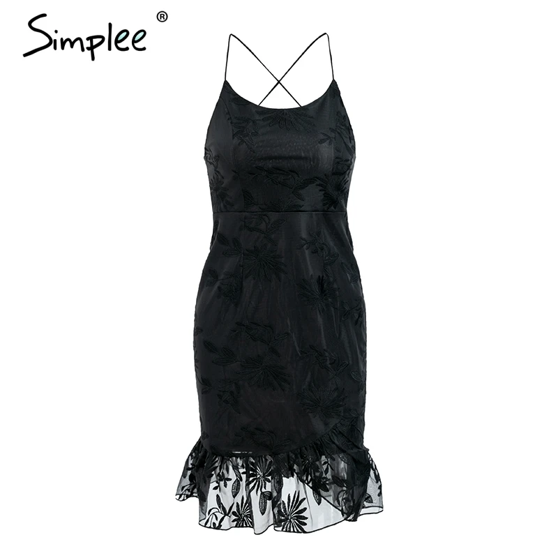 Летнее женское платье Simplee с рюшами, и кружевным подолом, элегантное сетчатое черное или белое мини-платье бодикон с открытой спиной, клубное вечернее платье - Цвет: Черный