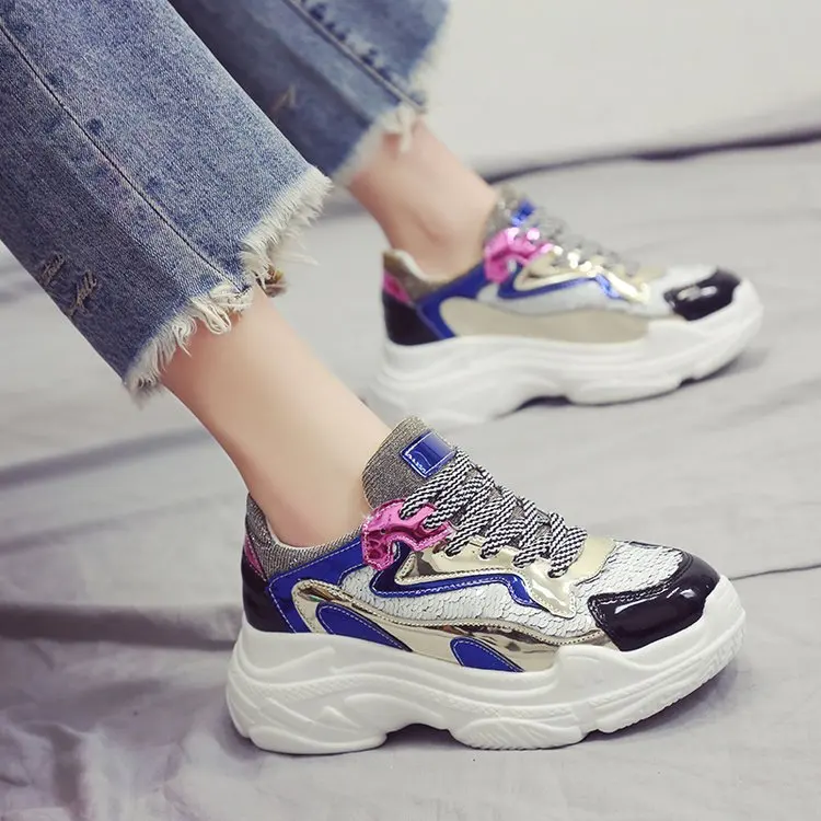 

Glitter Bling Ins Fashion wedges Height Increasing Casual Shoes Women flat Platform sneakers Lacing up Zapatillas Mujer