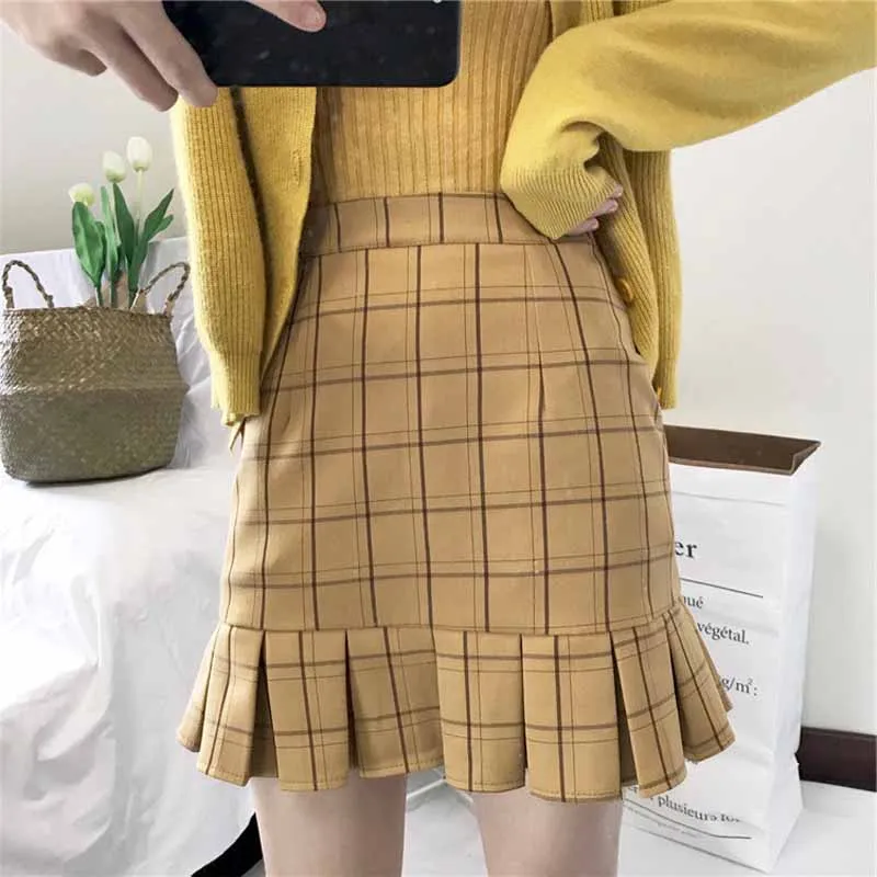 Для женщин летние Мини-юбки Высокая Талия плед Мини-юбки S/M 2 цвета плиссированные сладкий юбки женские#5101