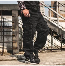 Japan Style Brands Mens Hip Hop Baggy Jeans Multi Pocket Men Casual Loose Fit Black Cargo Jeans Plus Size 34 36 38 40 42 44 46