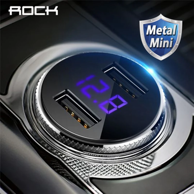 rock 5v 3.4a metal dual usb mobile phone car charger with digital display for fast charging