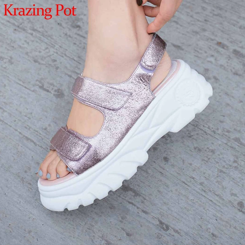 

Krazing Pot sheep leather streetwear platform wedges hook loop fashion concise style silver color high heel leisure sandals l9f5
