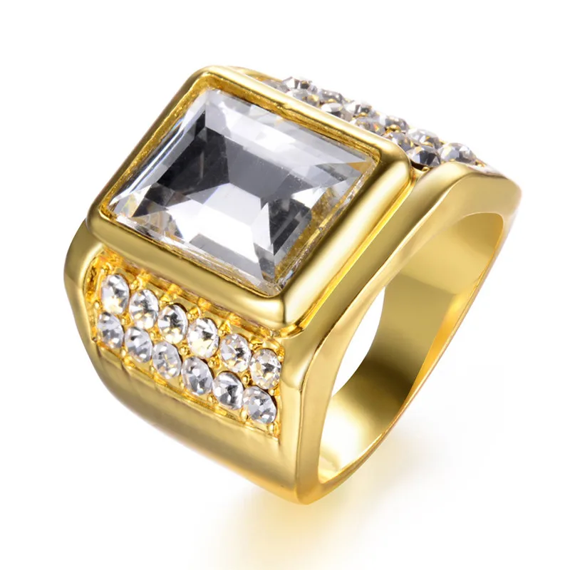 

ROMAD Ices Out Hip Hop Rings Men Women Stainless Steel Big Stone Geometric Square Finger Ring Gold Color Men's Rings R4