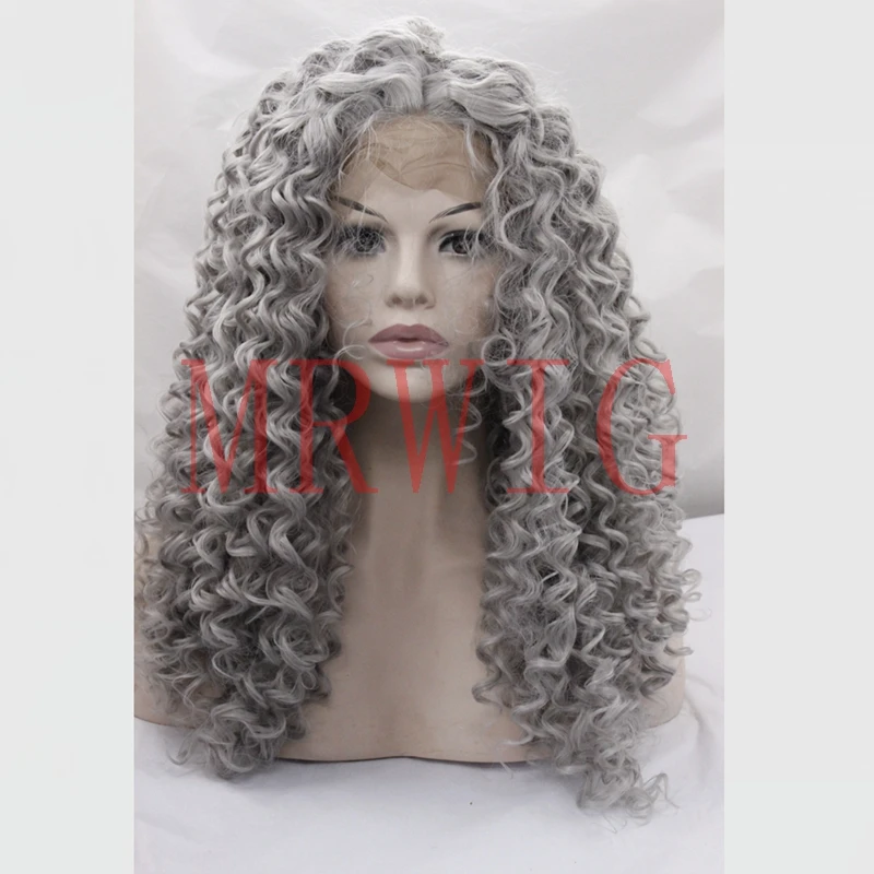 MRWIG real hair medium grey kinky curly middle part front lace wig