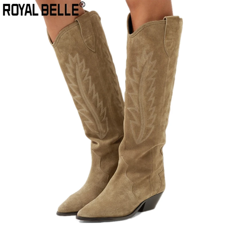 

Royal Belle 2019 Suede Embroidered Knee High Boots Women Spike Knitten Heels Winter Long Botas Mujer Western Flat Knight Boots