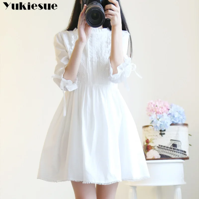 

2018 summer fashion ruffles turleneck dress for women three quarter solid a-line casual dresses white womens dress Plus size