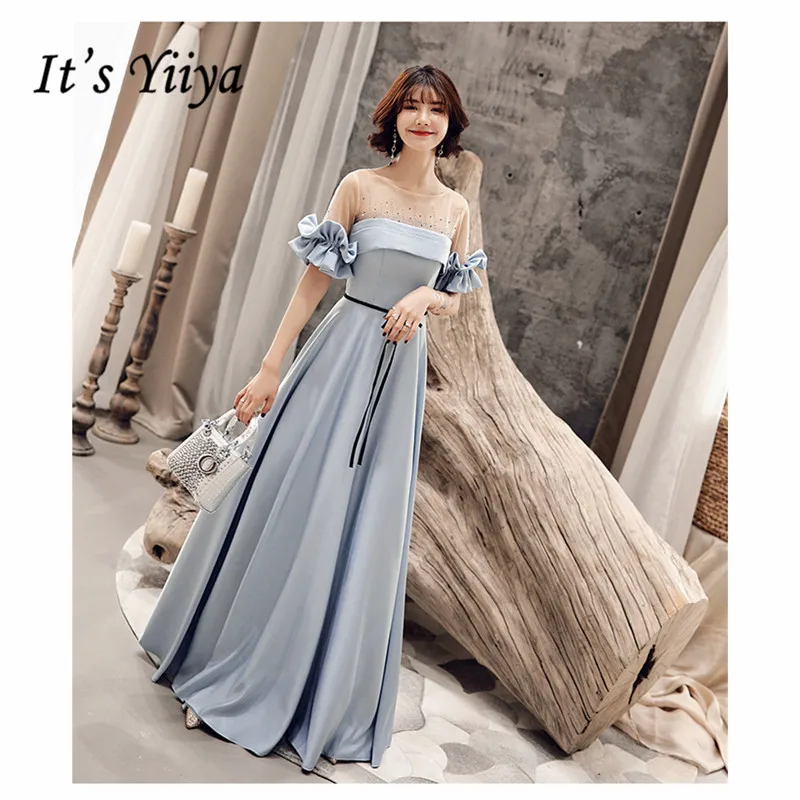 

It's YiiYa Evening Dresses 2019 Illusion Sequin Beading Belted Satin Women Party Dress splicing Robe de Soiree Plus Size E523