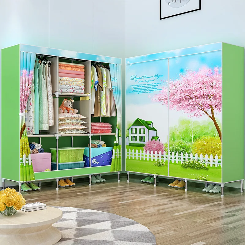 Double Pole Clothing Closet Dress Rack Bedroom Storage Organizer Cabinet Portable Folding Cloth Wardrobe for Home Furniture Double Pole Clothing Closet Dress Rack Bedroom Storage Organizer Cabinet Portable Folding Cloth Wardrobe for Home Furniture