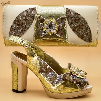 

Latest party set high heel gold sandal shoes and handbag sets with rhinestones 888-3, height heel 10cm