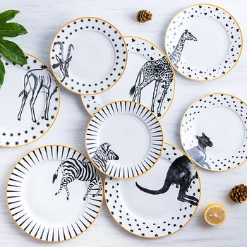 

2 pcs set 8 and 10 inch animal round ceramic plate tableware ceramic dinner plate dessert plate zebra giraffe kangaroo Antelope