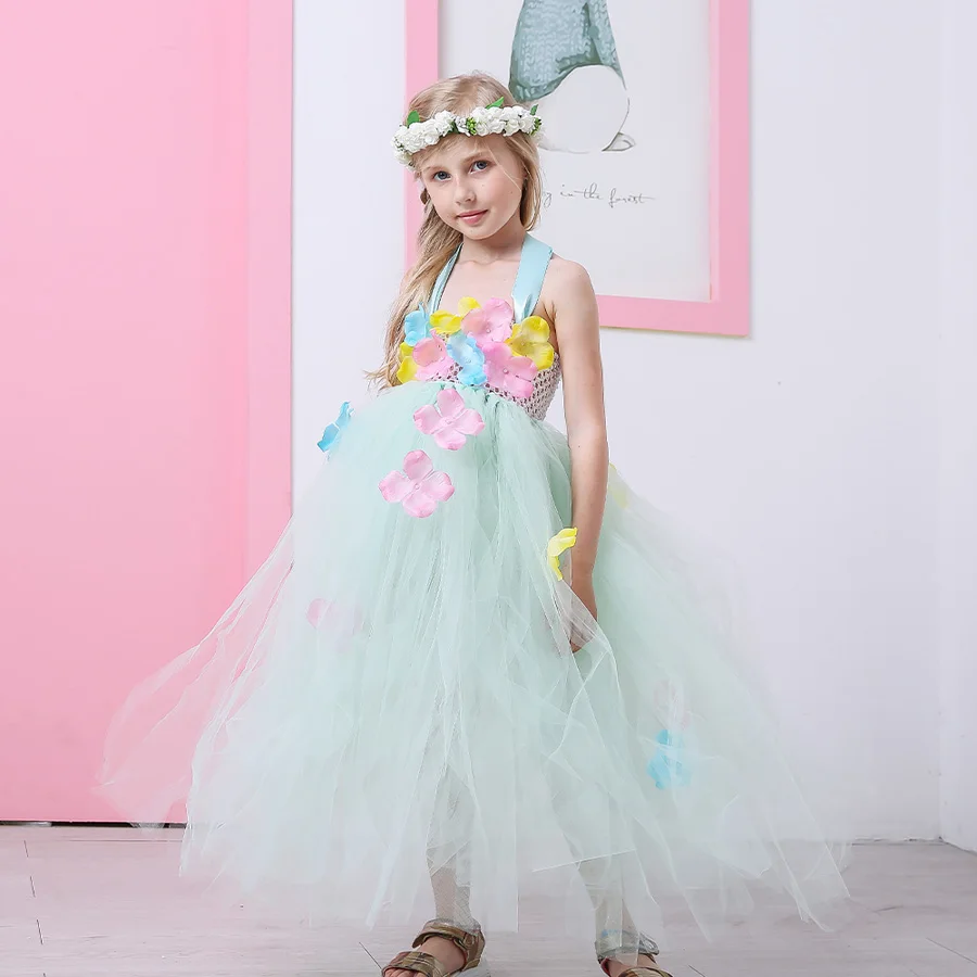 Handmade Flower Fairy Girls Tutu Dress Mint Green Princess Kids Flower Dresses Children Wedding Prom Party Photo Clothing (2)