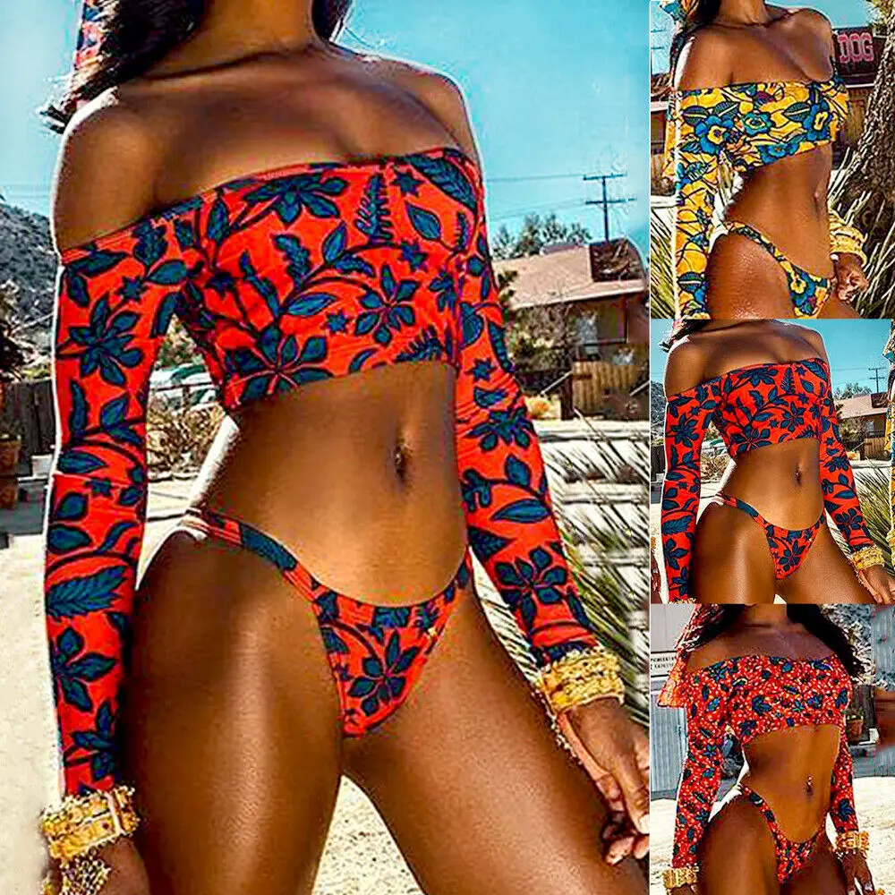 

2019 Newest Hot Womens Floral Long Sleeves Off Shoulder Padded Push-up Bikini Bra Set Swimsuit Bathing Suit Swimwear Beachwear