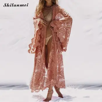 

Fashion Women Flare Sleeve Perspective Lace Long Cardigan Kimono Casual 2018 Summer Beach Cover Ups Pink Sun Protection Clothing