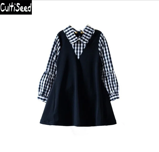 

Girls Autumn Dress Children Fake 2pcs Plaid Dress Clothes Fashion Princess Party Dress Clothes for Kids Baby Costume Dresses