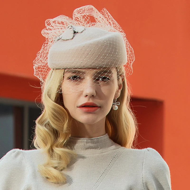 

Hats for Women Winter Embroidered Veil cotton Felt Pillbox Hats for Formal Cocktail Party Wedding Hats Dress Fedoras