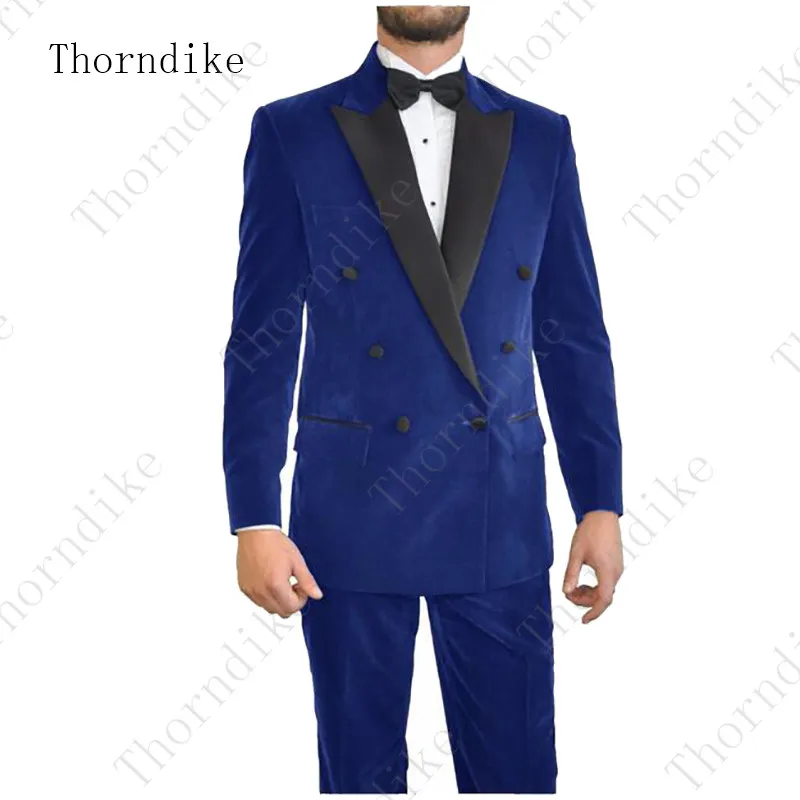 Thorndike двубортный королевский синий бархат Slim Fit мужской костюм смокинг жениха костюм для шафера вечерние выпускного вечера из 2 предметов куртка+ брюки
