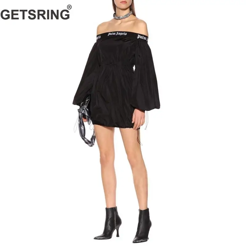 

GETSRING Woman Dress Lantern Sleeve Slash Neck Letter Vintage Dress Color Matching Lantern Sleeve Drawstring Dress Women 2019