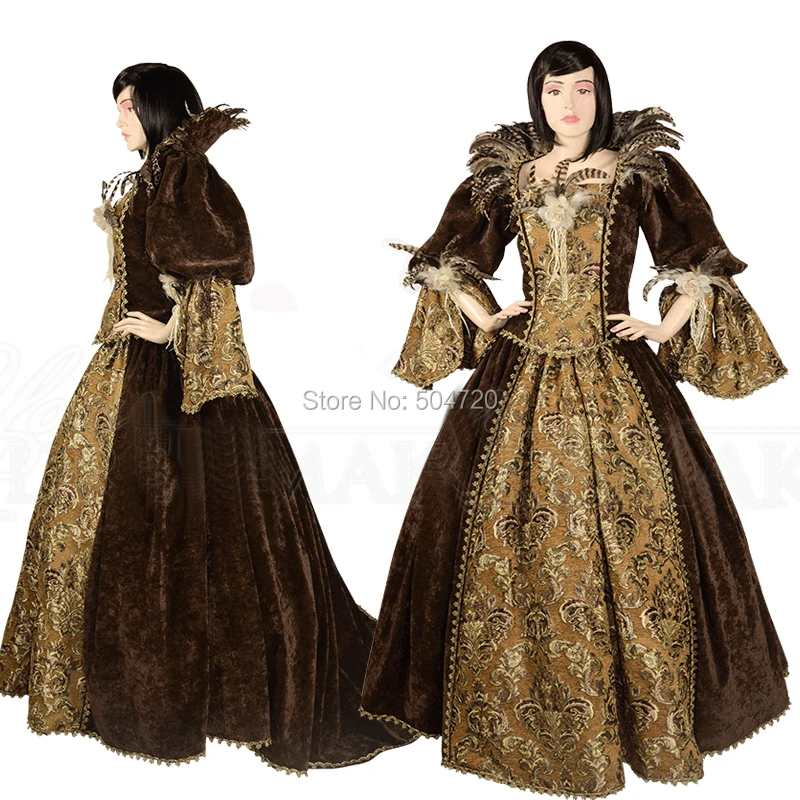 Клиентов, чтобы заказ! коричневый Velvet гражданская война Ренессанс Готический театральное платье средневековой regency костюм для Хэллоуина