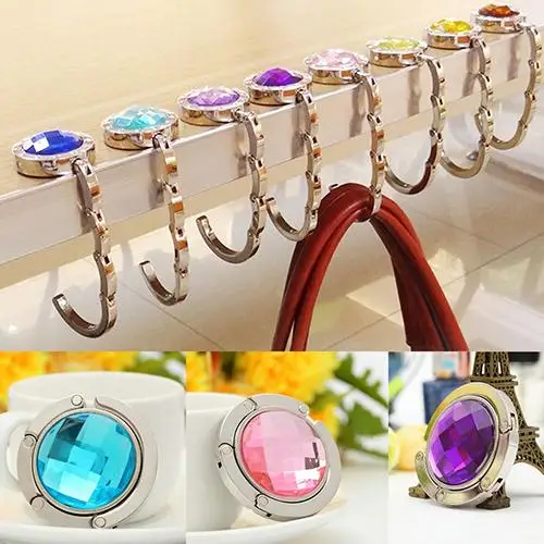 

HOT SALE! Fashion Colorful Foldable Handbag Purse Hanger Convenient Table Hook Hang Round Rhinestone Holder Bag Hook