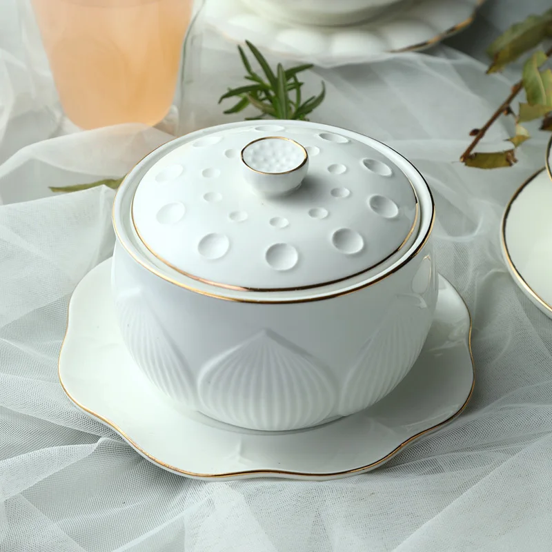 

Household stewing cup water-proof ceramic bird's nest soup cup with cover bone porcelain pure white circular gold stew pot tank