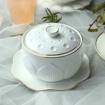 

Household stewing cup water-proof ceramic bird's nest soup cup with cover bone porcelain pure white circular gold stew pot tank