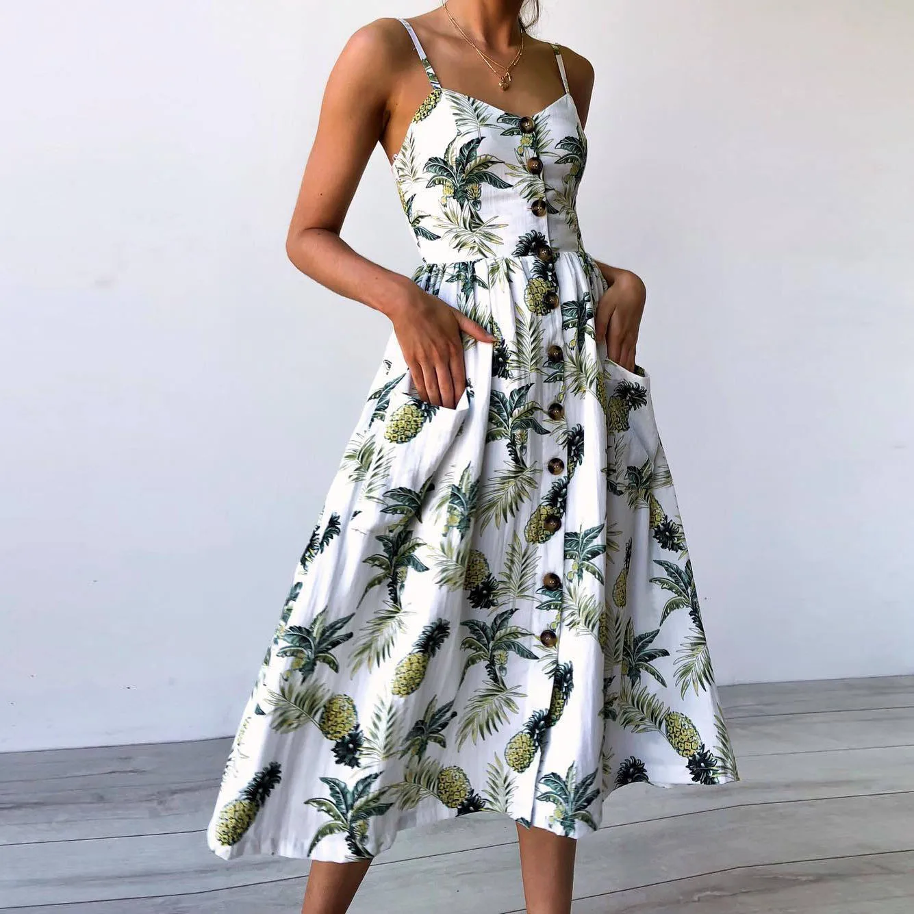 

Boho Floral Print Summer Dress Women Pockets Sleeveless Midi Dresses Female Sunflower Pleated Backless Button Sexy Dress