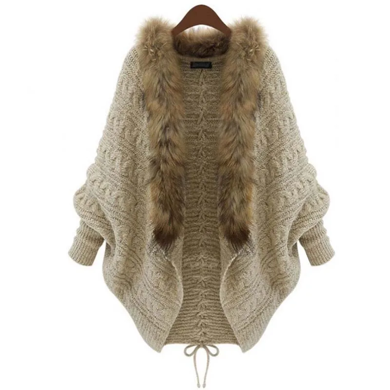 

Autumn Winter Fashion Women Faux Fur Collar Coat Long Batwing Sleeve Loose Casual Knitted Warm Cardigan Christmas Shawl Sweater