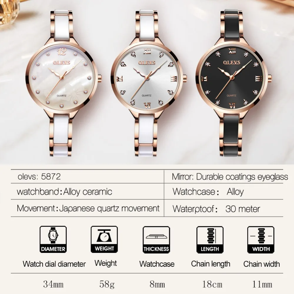 OLEVS Ladies Ceramic Watches Lady Rose Gold Women Dress Watch Luminous Black Steel Strap Womens Wrist Watches Gifts reloj mujer