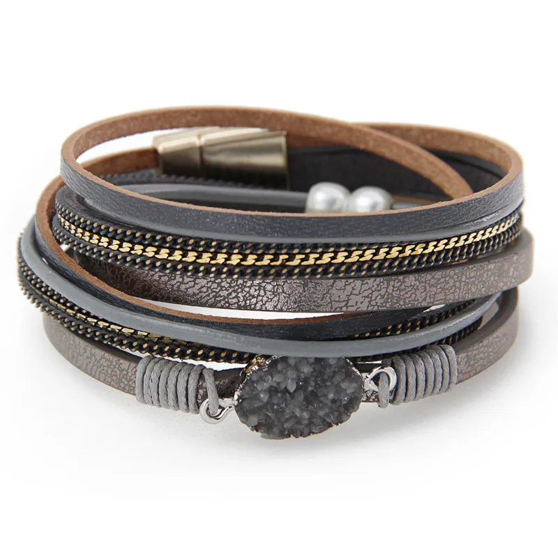 Multi-Layer Leather Wrap Bracelet Boho Braided Cuff Bangle Crystal Bead Bracelet Handmade Magnetic Clasp Bracelet for Women