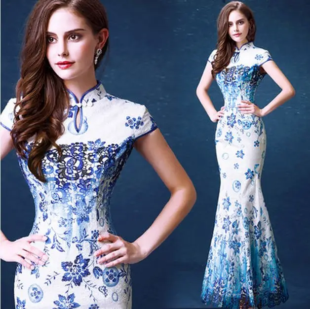 

2016 Spring Fashion Embroidery Lace Cheongsam Bride Wedding Qipao Blue And White Porcelain Banquet Conference Fishtail Qi Pao