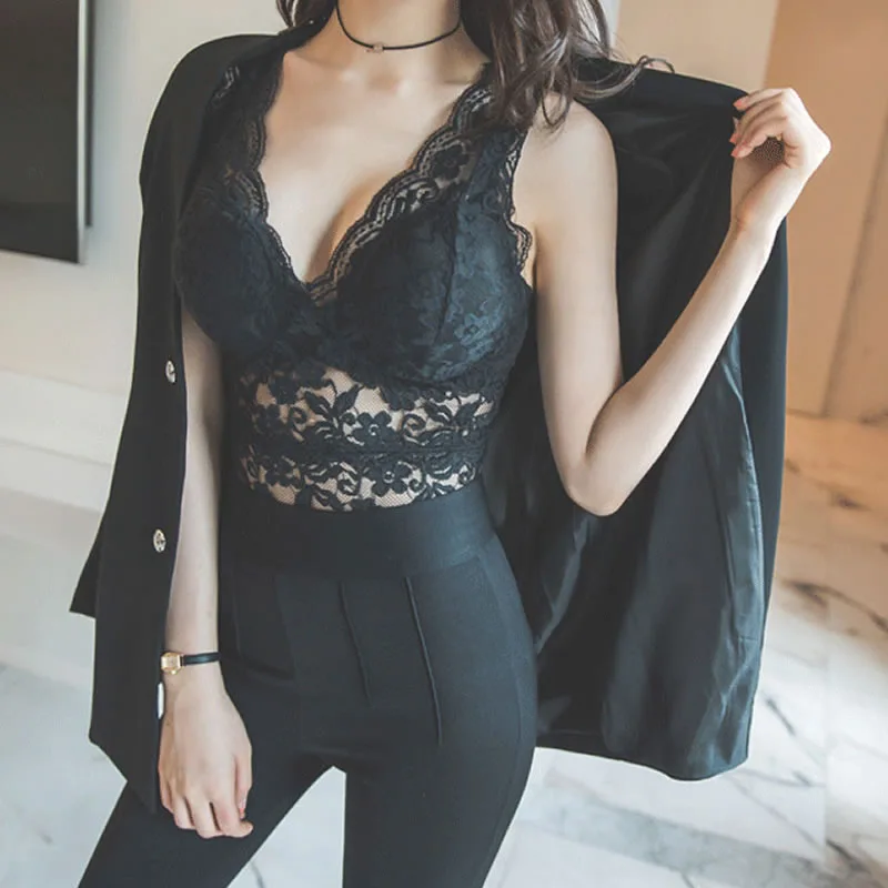 Осенне зимний черный ажурный кружевной топ женский sense tube top bottom strap жилет нижнее