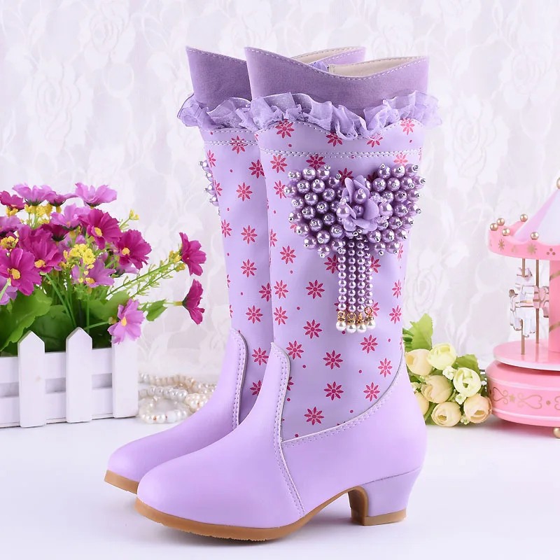 Boots Girls Boots High-heeled Cotton Boots Winter Princess 2018 New Purple Pink Size 27-38