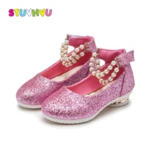 Мода для девочек с пайетками на высоком каблуке, кожаные принцессы детская обувь жемчужина Нескользящие вечерние детская обувь для танцев для девочек розовый красные, черные