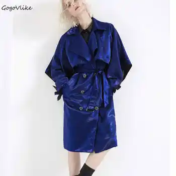 

Trench Coat Irregular 2020 Women Blue Long Windbreaker Double Breasted with Belt Loose Pockets Outwear LT659S50