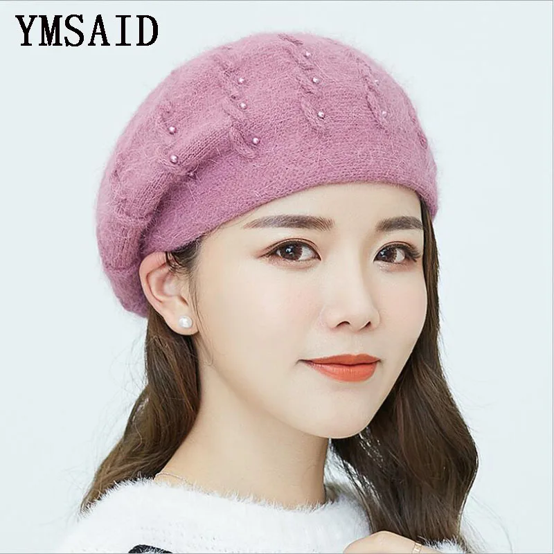 Ymsaid Women Berets Pearl Decoration Hat Female Rabbit Hair knitted