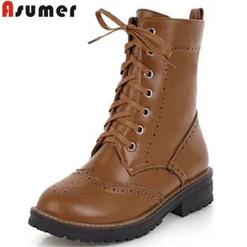 

ASUMER black fashion autumn winter boots women round toe lace up boots med heels ladies ankle boots big size 34-43