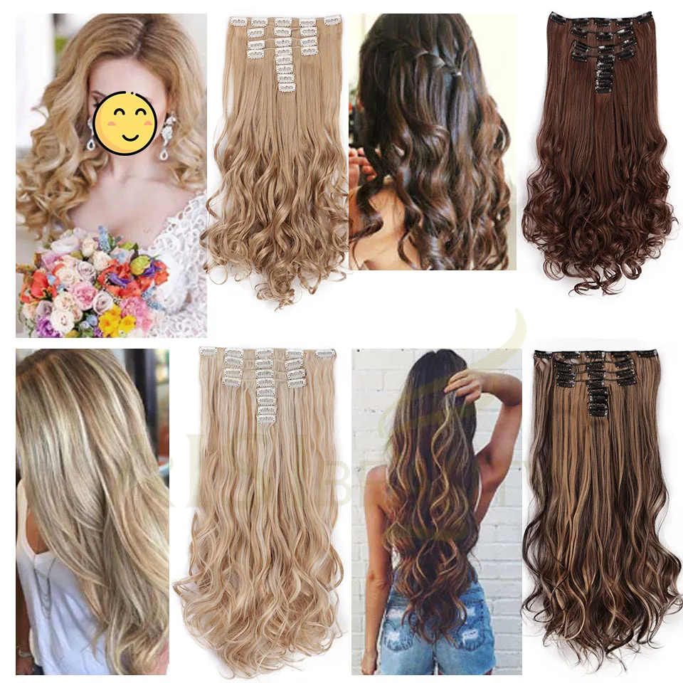 22 Inches Long Curly Wavy Synthetic 18 Clips In Hair Extensions