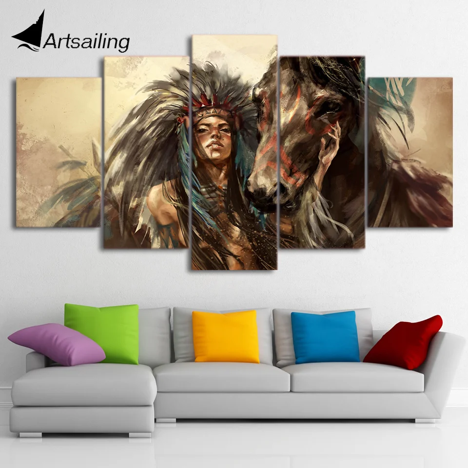 

HD printed 5 piece Canvas Art tribe warrior with horse Painting 5 panels Wall Pictures Decor Free shipping CU-2563B