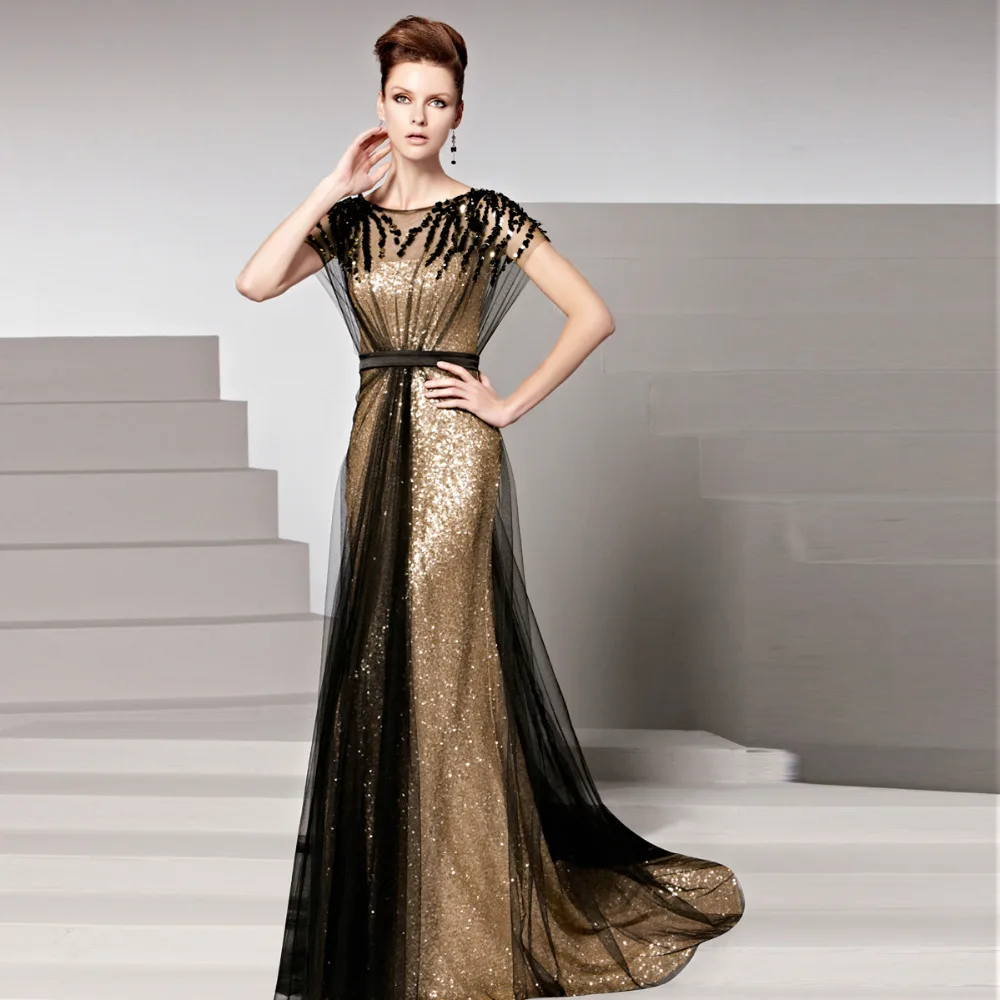 

Ready To Ship In Stock robe de soiree Gold Sequins cap sleeve Prom evening Gown Women Long 2018 mother of the bride dresses