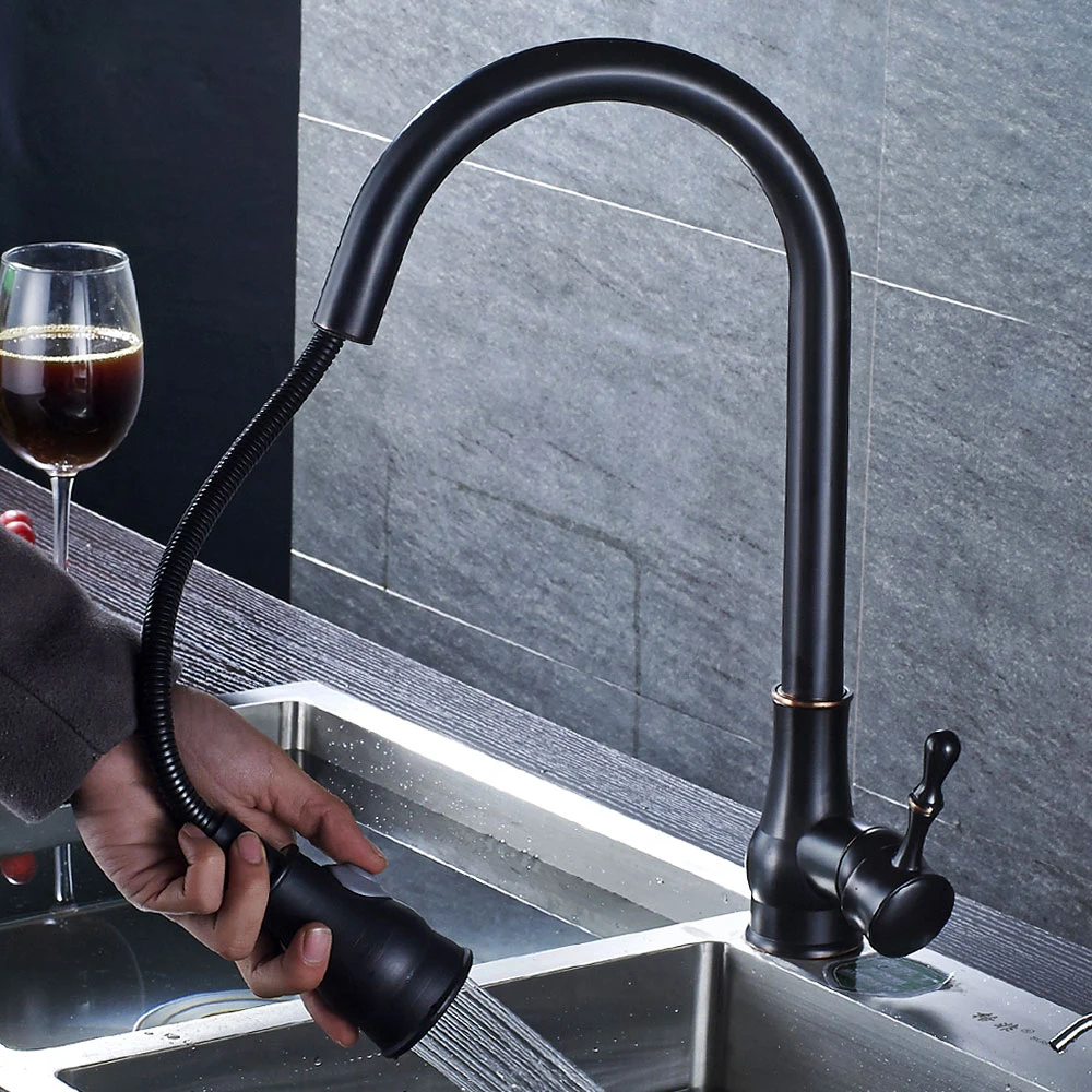 

Kitchen Sink Faucet Pull Out Rotation Stream Spray Mixer Tap Hot Cold Crane Deck Mounted Faucet