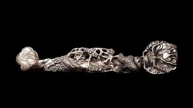 

Chinese Silver Copper Hand carved Dragon & RuYi Statue