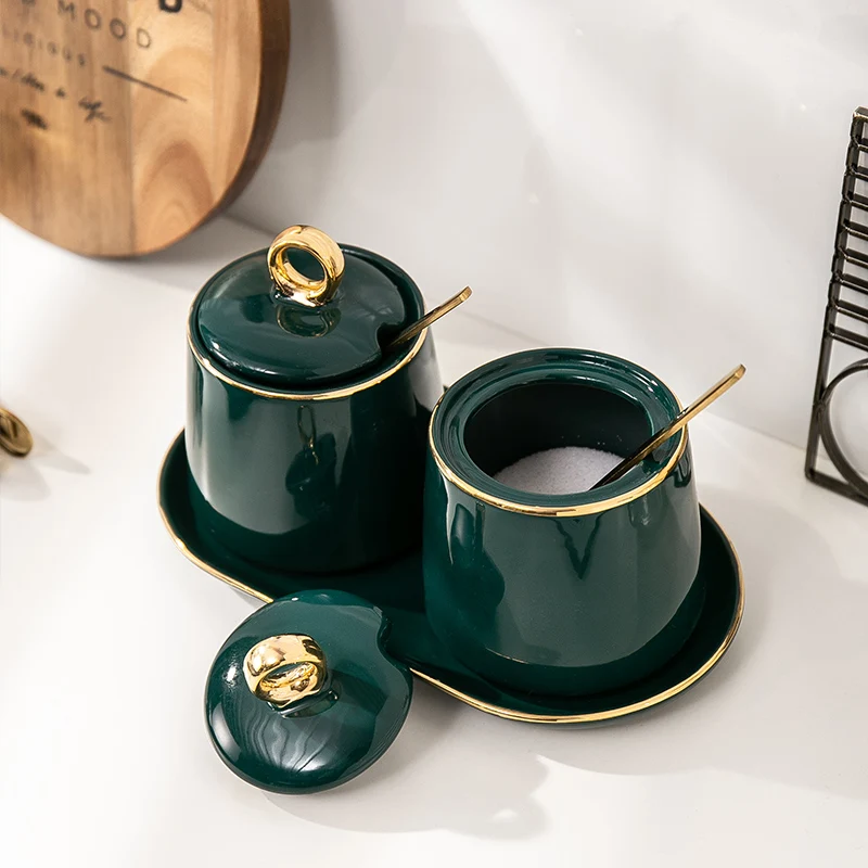 Зеленый керамический набор банок для специй с крышкой и ложкой, кухонный бар для хранения, украшение дома, инструмент для приправ