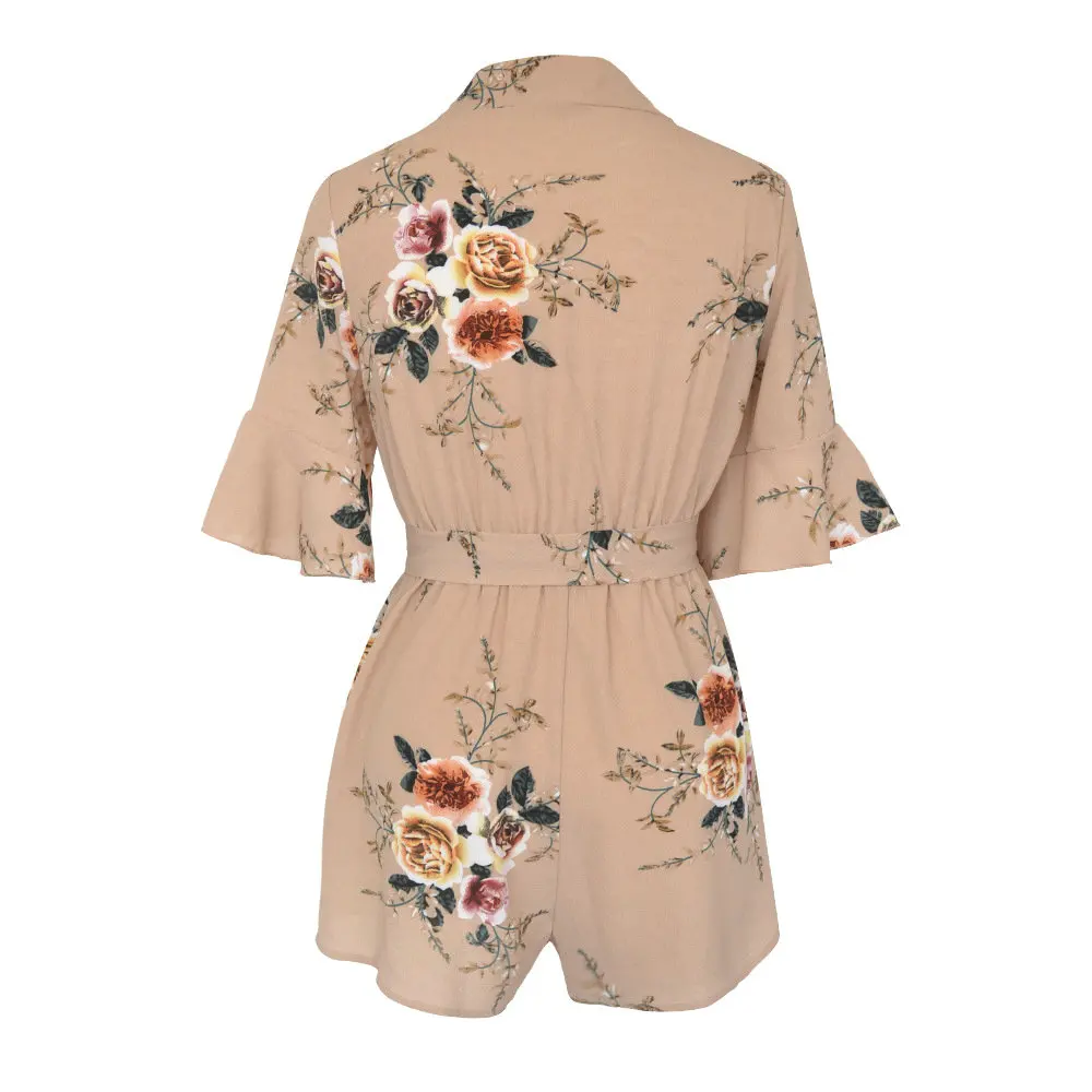 Boho Белый Цветочный принт оборками Комбинезоны Для женщин элегантные летние хаки V Средства ухода за кожей Шеи Комбинезоны для женщин Комбинезоны для малышек пикантные пляжные Обувь для девочек короткие Комбинезоны для девочек