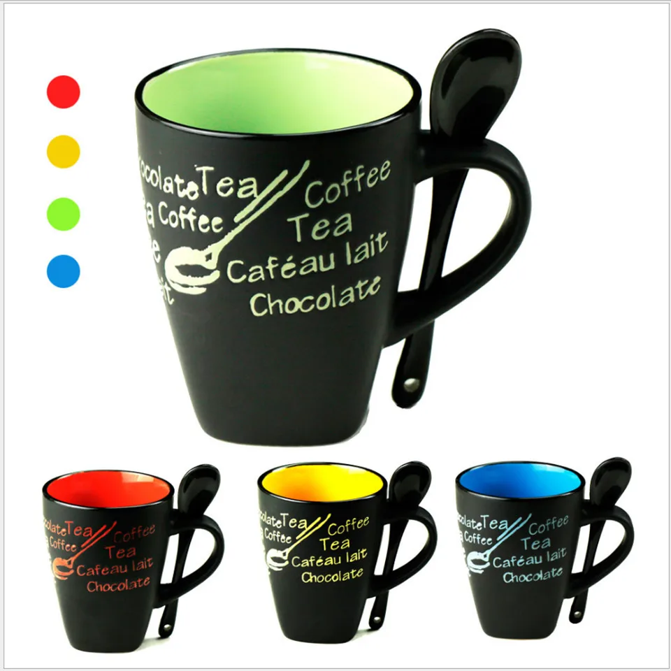 Coffee Cups And Mugs With Spoon Matte Black Ceramic Coffee Mug Milk Cup DrinkTea Creative Porcelain Travel Coffee Mug Letters        CB223-CB226