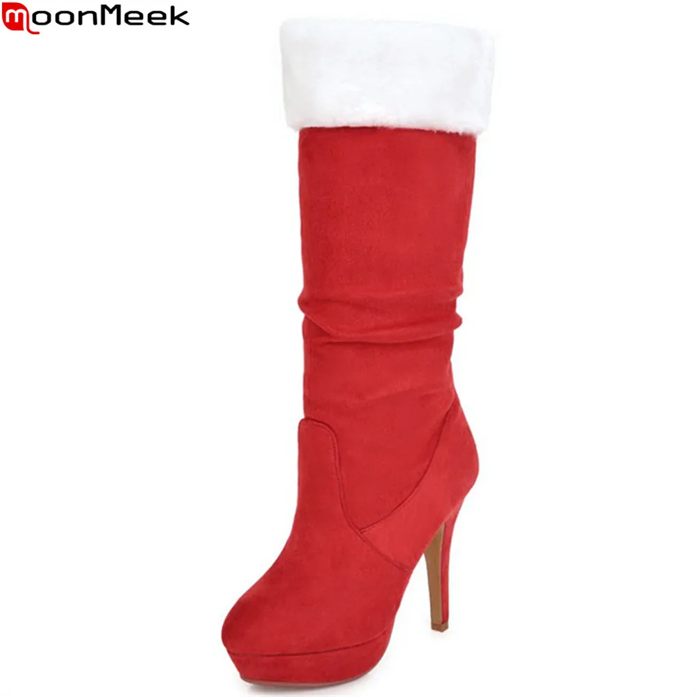 

MoonMeek black red fashion winter women shoes round toe ladies boots flock platform comfortable high heels knee high boots