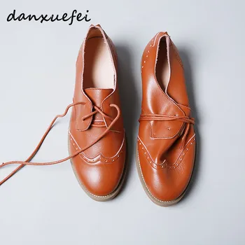 

Women's genuine leather lace-up flats oxfords brand designer british style leisure espadrilles soft comfortable brogues shoes